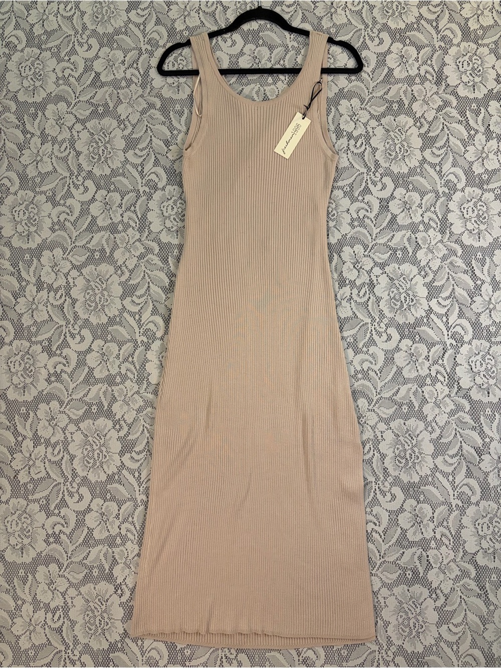 Freshman 1996 Ribbed Knit Twist Back Cutout Maxi Bodycon Taupe Dress